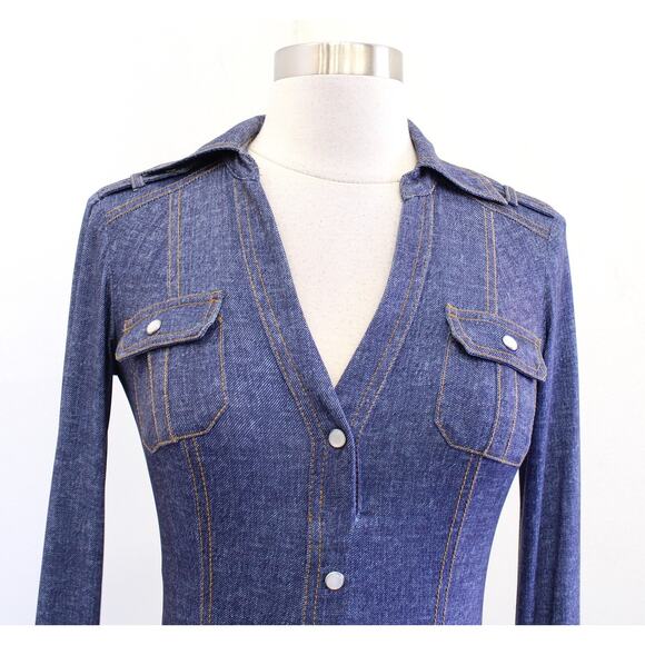 Cache Blue Denim Print V Neck Faux Button Up Long Sleeve Dress Size XS Bodycon - Picture 2 of 6